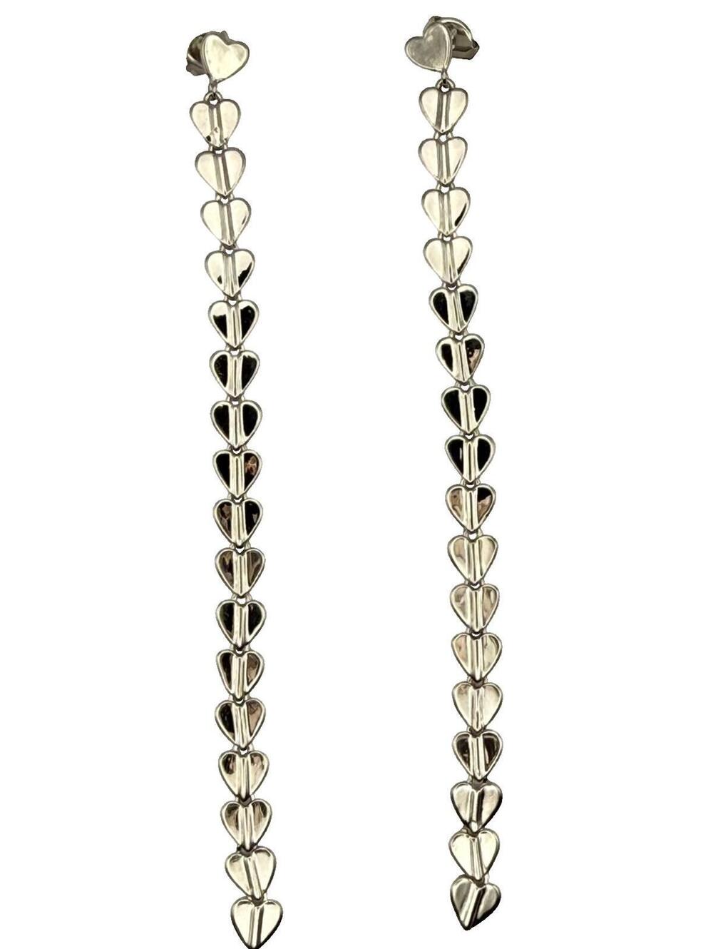 Sterling Silver 925 Heart Dangle Drop Earrings - 3.5" Statement - Picture 4 of 5